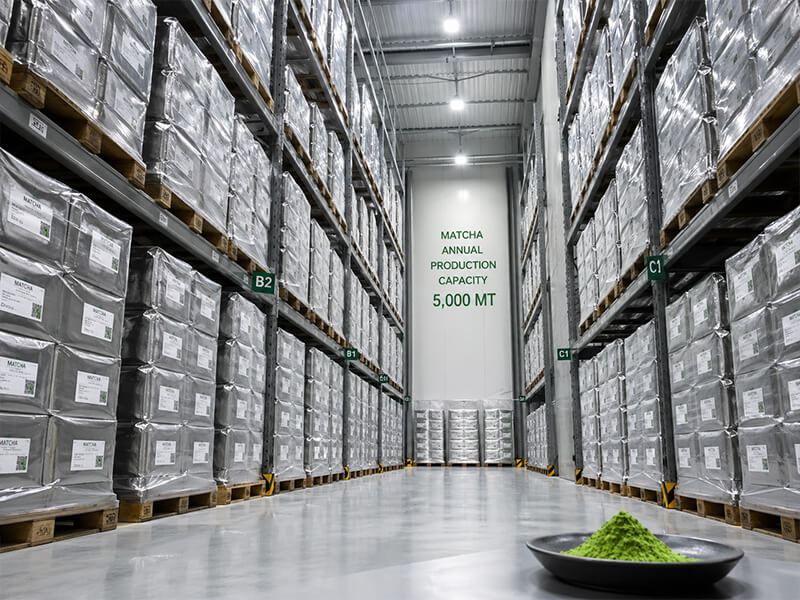 Bulk matcha powder inventory and commercial packing