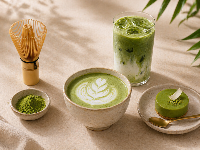 Hot matcha latte for a premium café menu