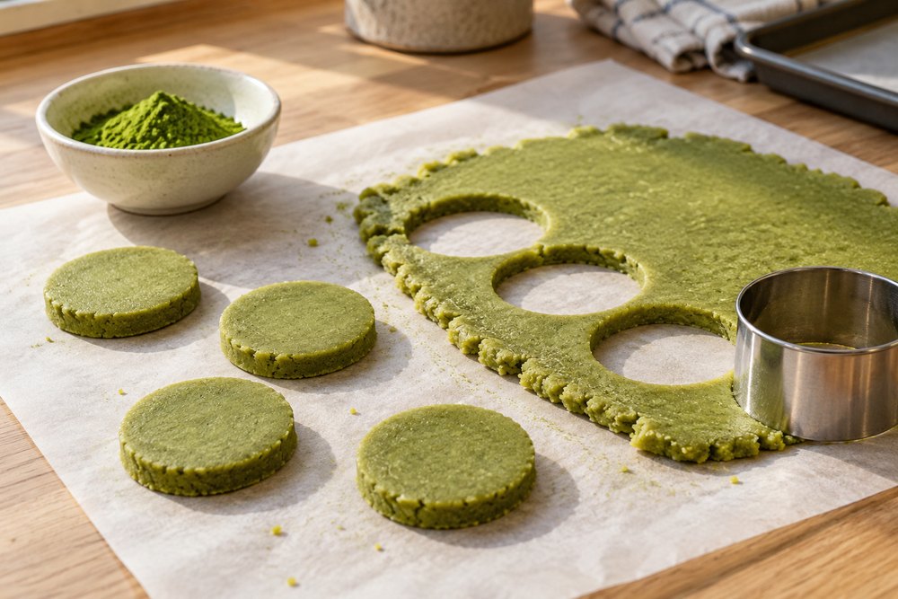Matcha Supplier Scorecard: Compare Quality, Documents and Commercial Terms 1 قطع من عجين الماتشا الأخضر المالح الهش موضوع بجانب قطاعة بسكويت ووعاء من المسحوق