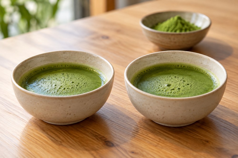 Matcha Supplier Scorecard: Compare Quality, Documents and Commercial Terms 2 وعاءان خزفيان متطابقان من شاي الماتشا المخفوق على طاولة خشبية