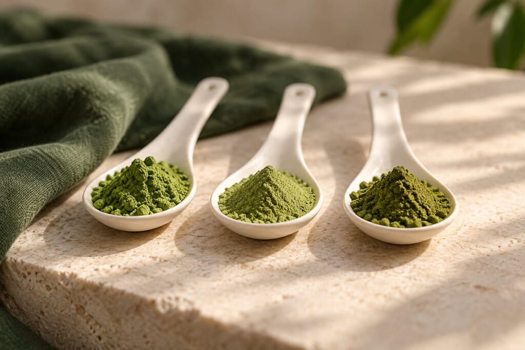Matcha Supplier Scorecard: Compare Quality, Documents and Commercial Terms 3 ثلاث ملاعق خزفية تحمل عيّنات من مسحوق الماتشا للمقارنة جنبًا إلى جنب