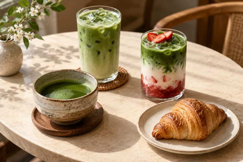 Build a Profitable Matcha Menu for Your Café 4 مشروبات ماتشا مميزة مصحوبة بمعجنات صغيرة على طاولة مقهى.