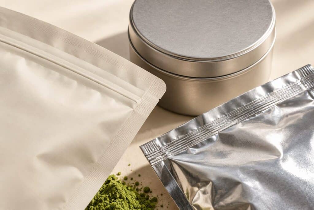 Bulk Matcha Packaging Guide for B2B Buyers 8 أغلقات التعبئة الداخلية غير المطبوعة والدرزات المحكمة.