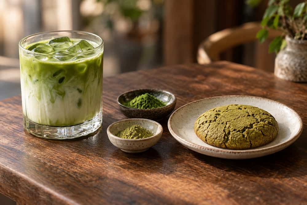 لاتيه ماتشا وكعكة ماتشا مخبوزة إلى جانب أطباق صغيرة للعينات
