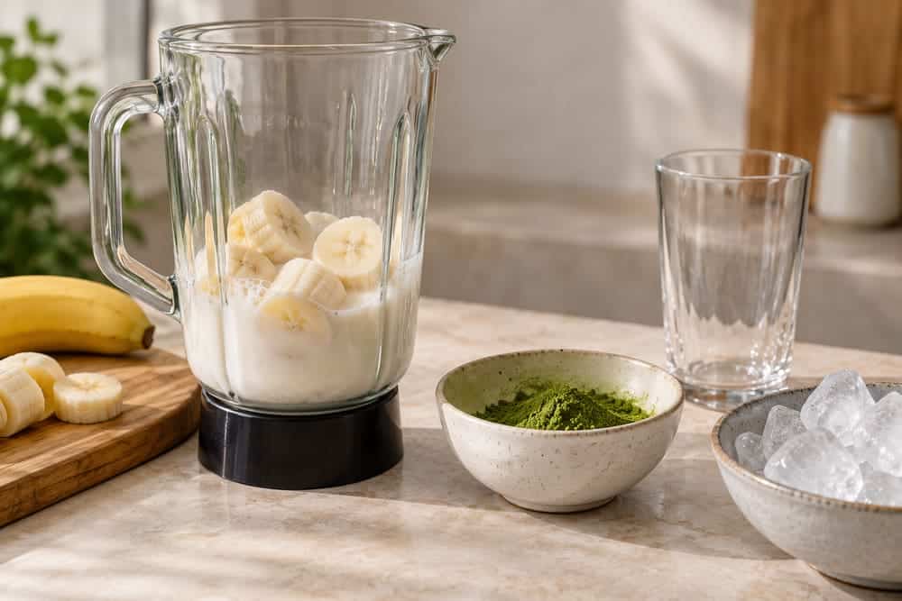 Banana pieces and milk in a blender before mixing