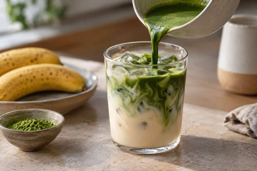 Whisked matcha poured over banana milk and ice