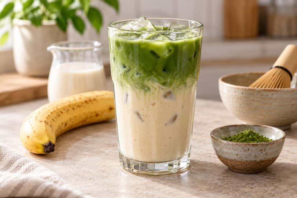 لاتيه ماتشا بالموز مع قاعدة حليب موز كريمية
