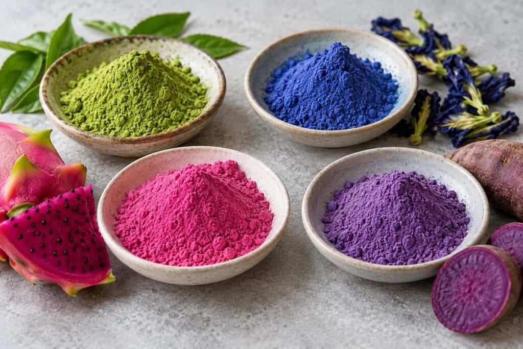 Separate dishes of green matcha, blue flower powder, pink fruit powder and purple sweet potato powder
