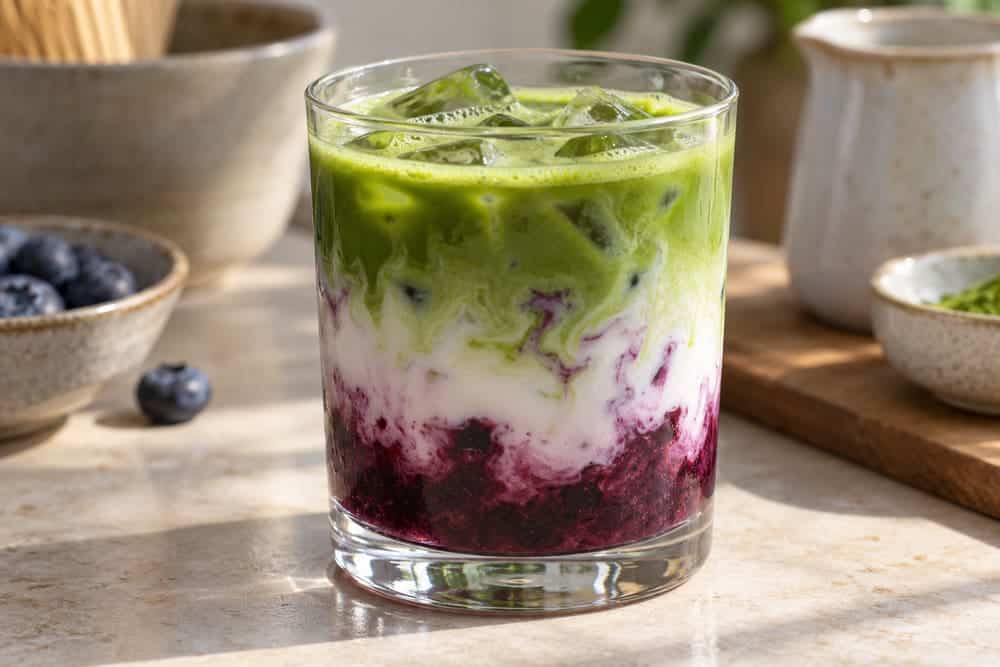 Purple blueberry fruit beneath milk and iced matcha