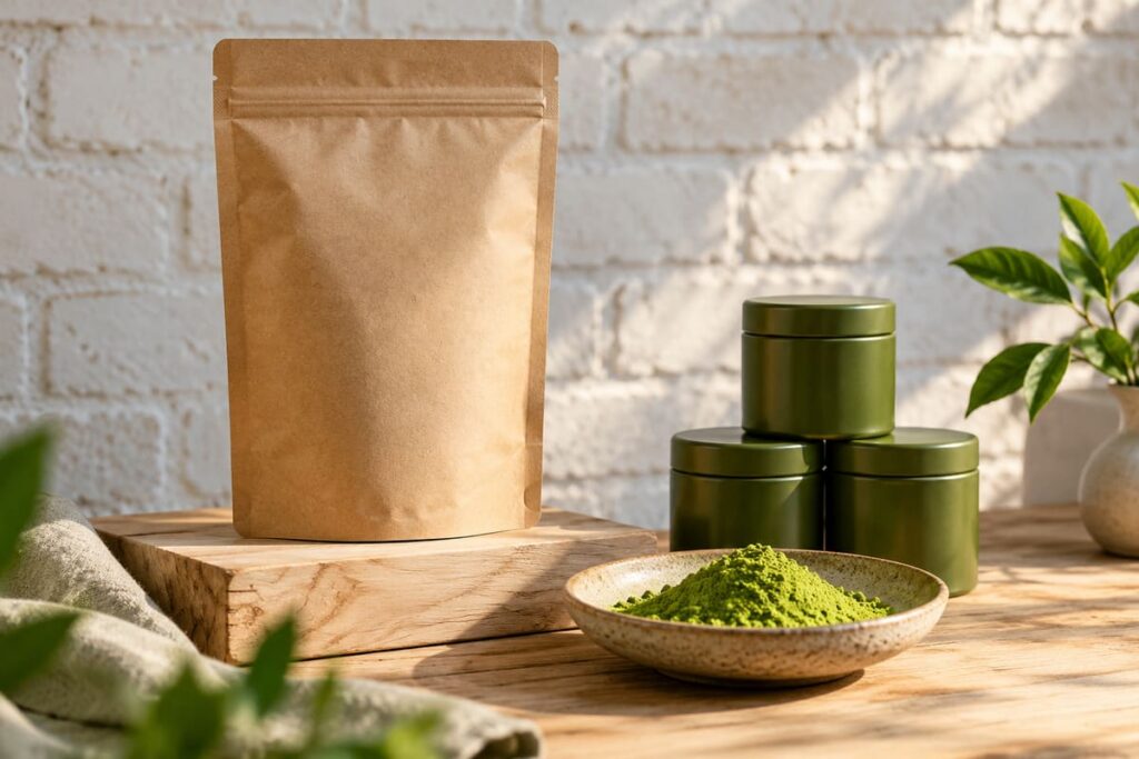 Matcha Manufacturers, Trading Companies and Distributors: A B2B Comparison 2 A large unprinted kraft pouch beside olive tins and a dish of green matcha powder