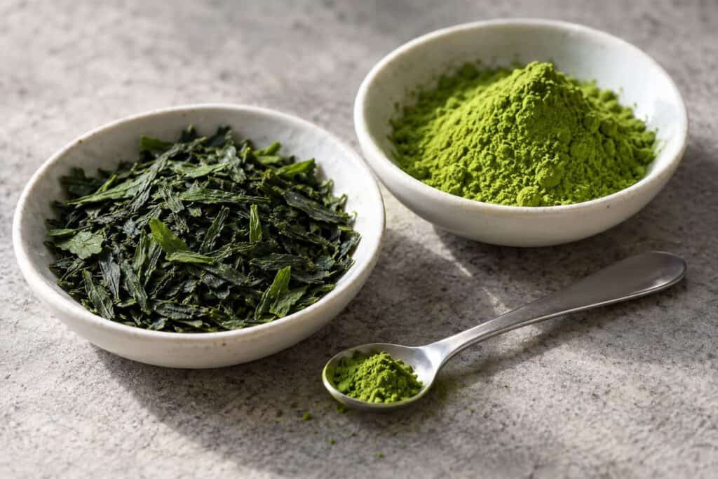 Dried tea leaf flakes and fine matcha powder in separate ceramic dishes