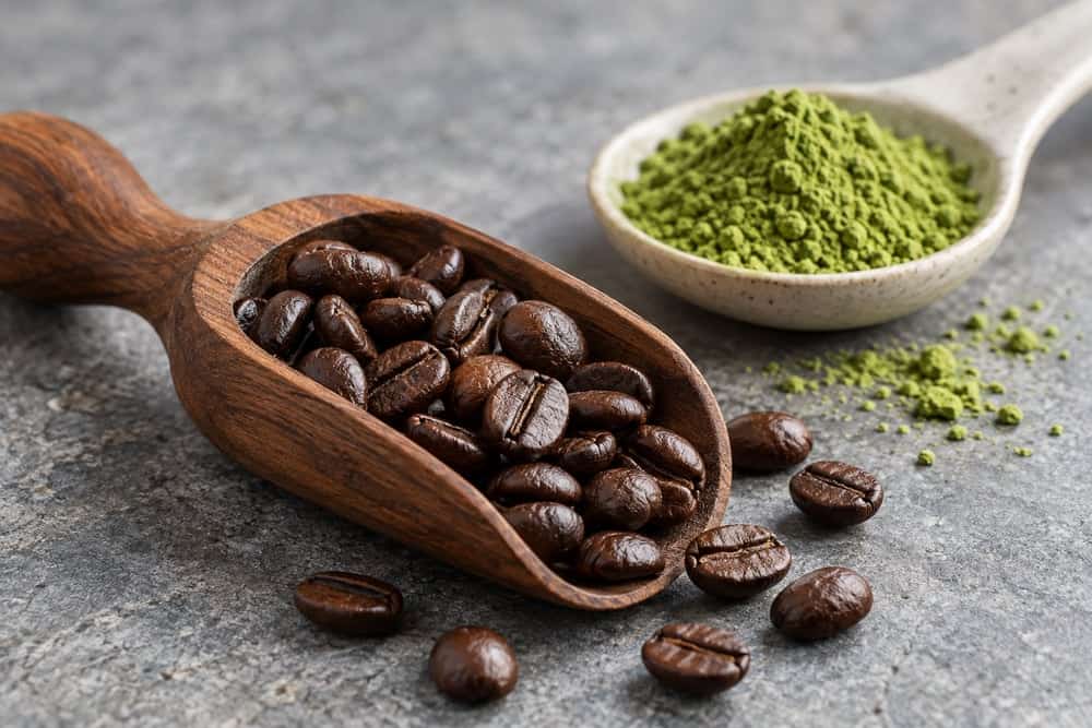 Matcha Before or After a Workout? Timing, Performance and Recovery 1 حبوب قهوة محمّصة ومسحوق ماتشا ناعم في مغرفتين منفصلتين