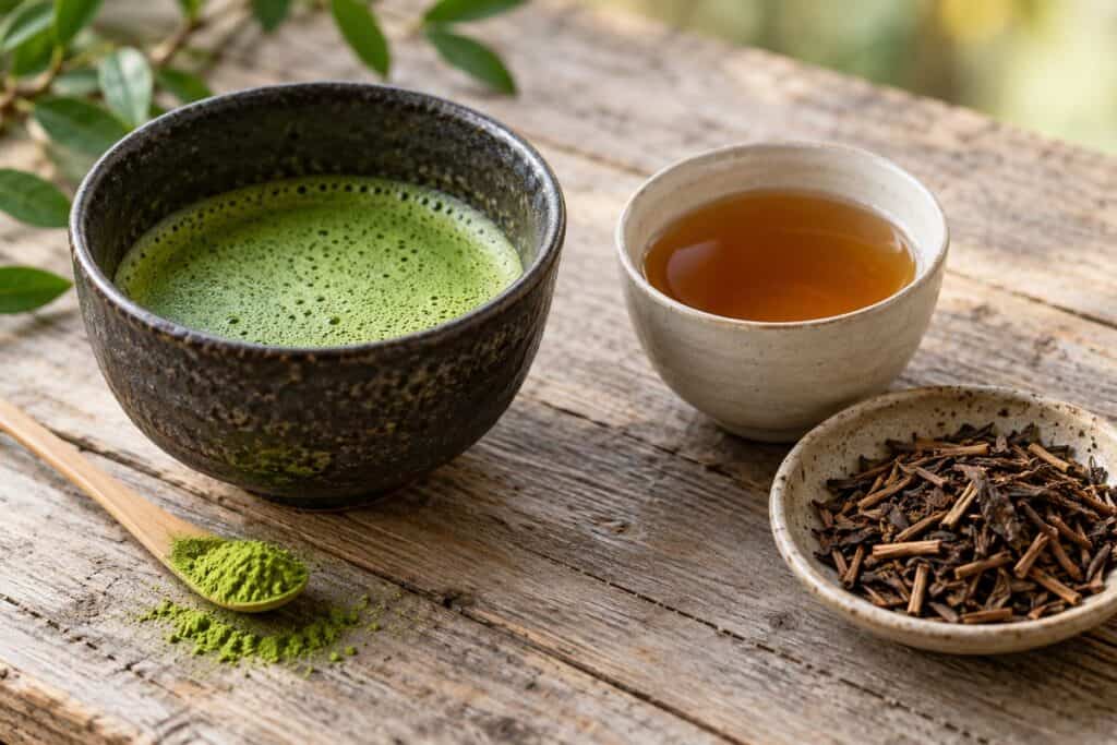 Green whisked matcha beside amber hojicha tea and roasted tea leaves