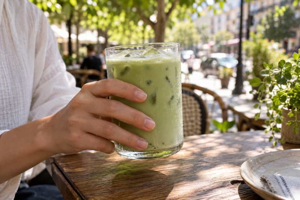 Why Is Matcha Popular? Café Culture, Trends and Matcha Day 1 A hand holding an iced matcha latte at an outdoor café table