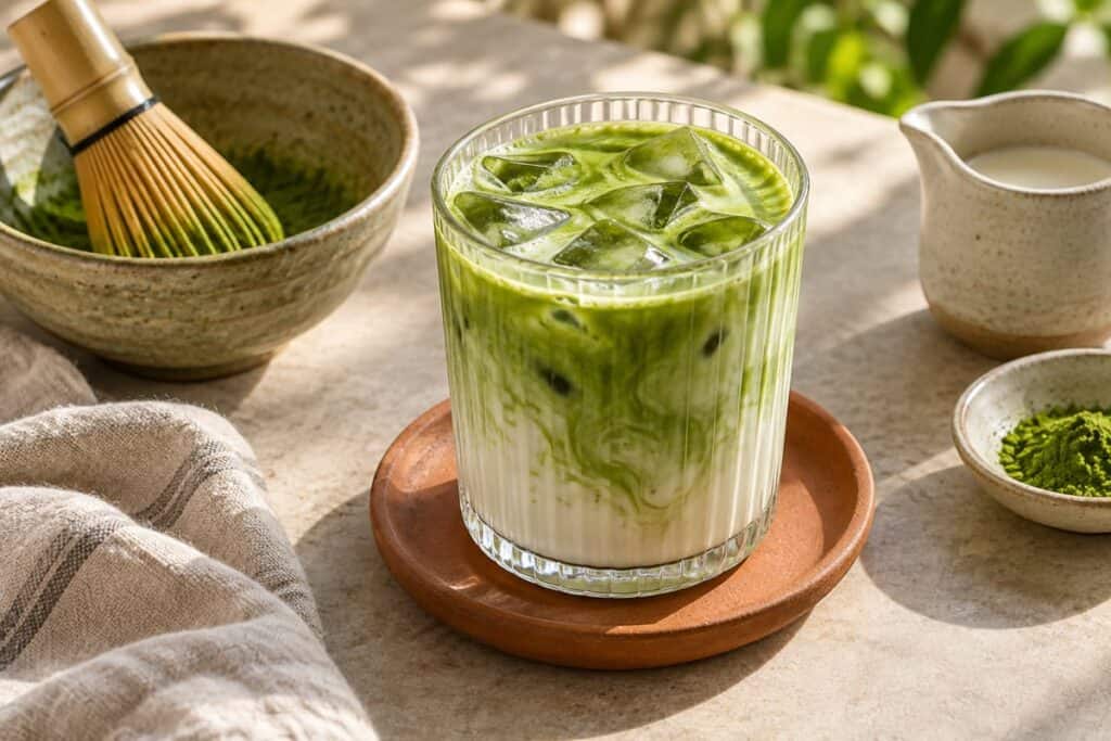 كوب زجاجي مضلّع من لاتيه ماتشا مثلج أخضر وأبيض مخلوط على صحن من الطين النضيج