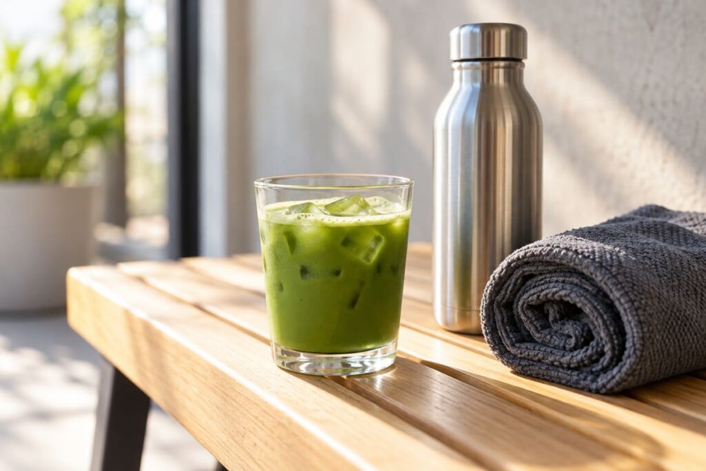 Matcha Before or After a Workout? Timing, Performance and Recovery 5 An iced matcha drink beside a steel water bottle and a rolled gray towel
