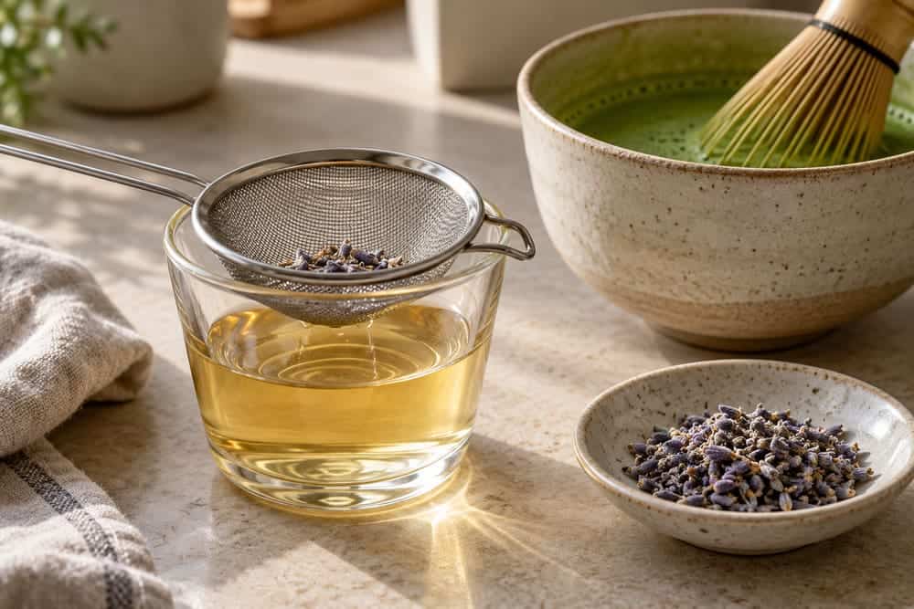 Prepared lavender syrup in a glass beneath a fine strainer