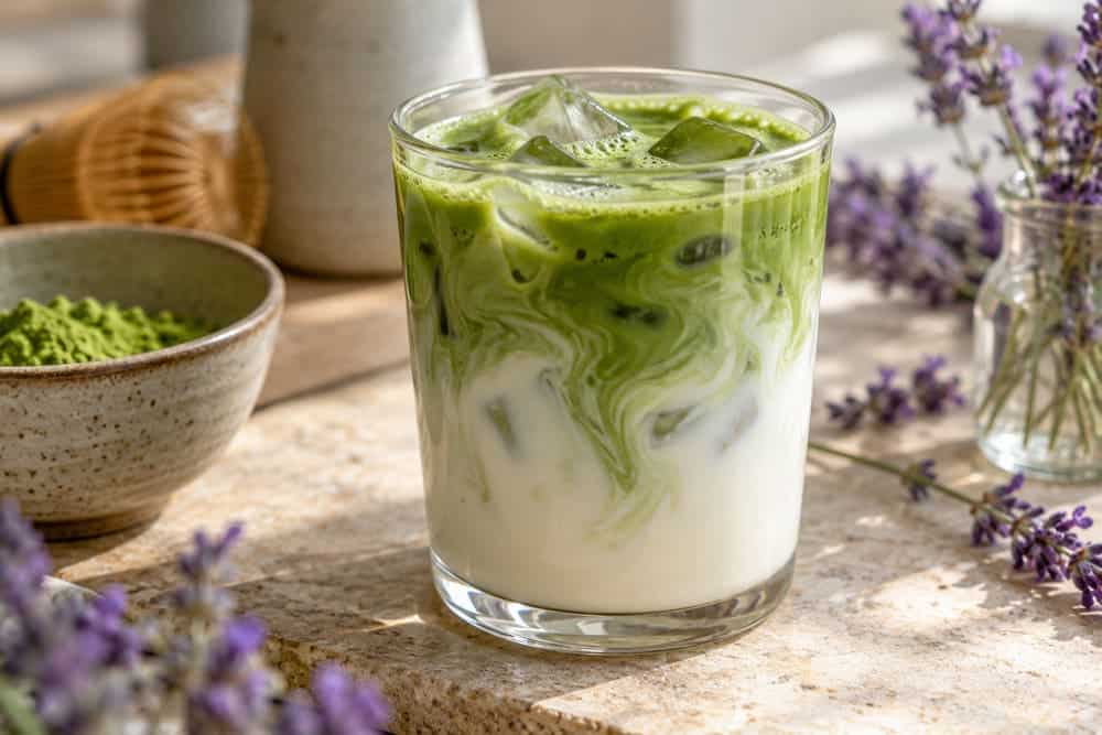 Lavender matcha latte with milk and green tea swirls