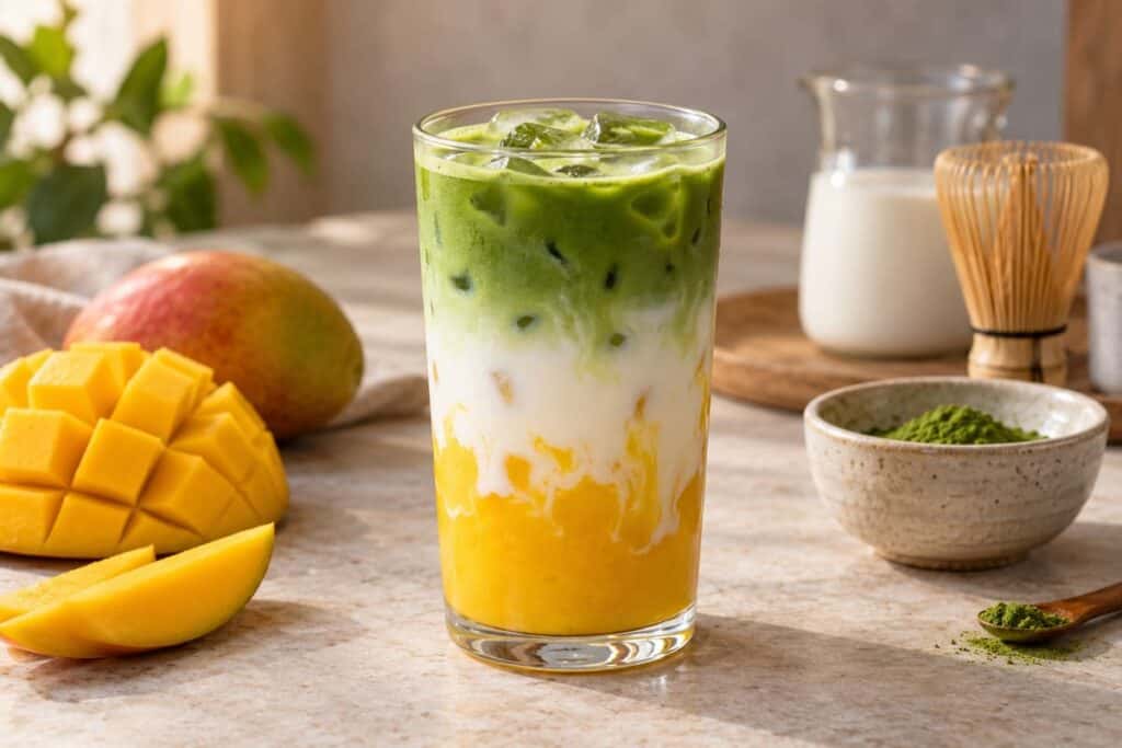 لاتيه ماتشا بالمانجو مع فاكهة ذهبية وحليب وشاي أخضر