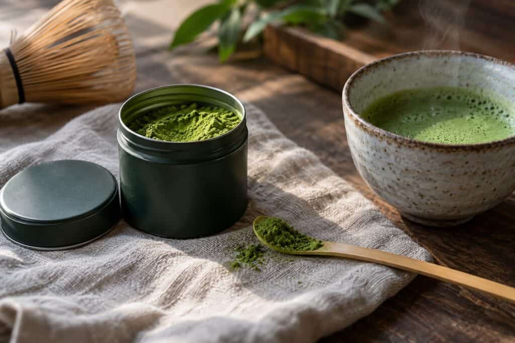 An open tea tin and scoop of matcha beside a bowl of whisked tea