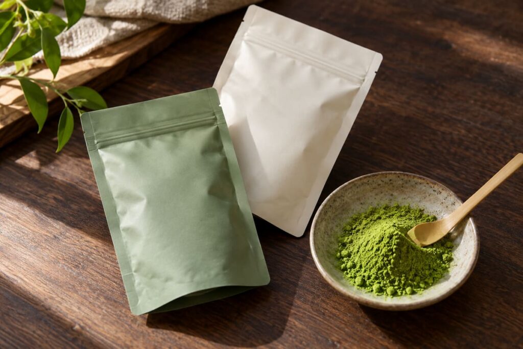 Dual-Sourcing Matcha: Qualifying a Backup Supplier and Managing Changeovers 1 Two sealed unprinted pouches beside matcha powder and a bamboo scoop