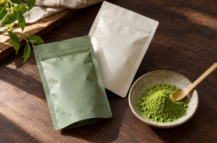Two sealed unprinted pouches beside matcha powder and a bamboo scoop
