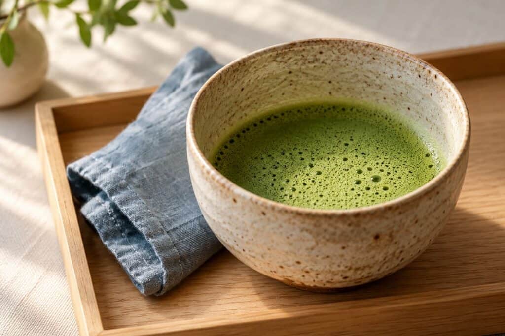 Can You Drink Matcha While Breastfeeding? Caffeine and Infant Exposure 7 وعاء خزفي كريمي من الماتشا الخضراء على صينية خشبية مع منديل كتان أزرق