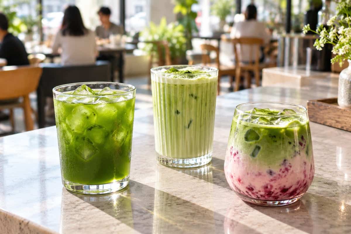 Three different iced matcha beverage presentations on a café counter