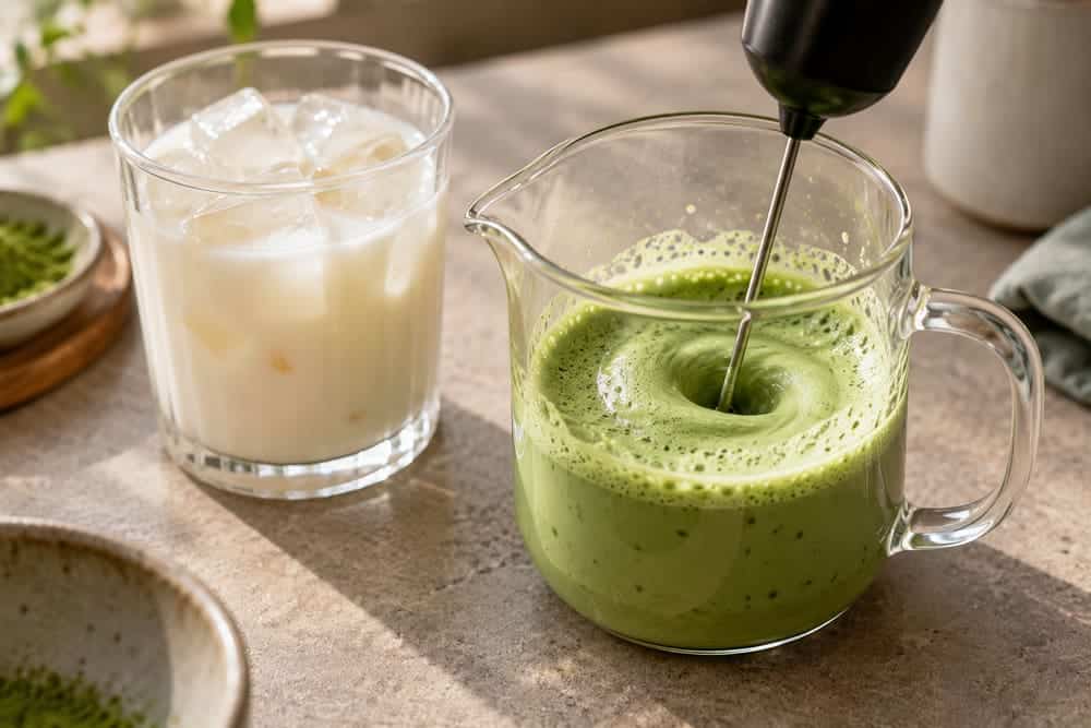 Matcha Cold Foam Latte With a Pourable Green Tea Top 1 A milk frother mixing pale green matcha cream