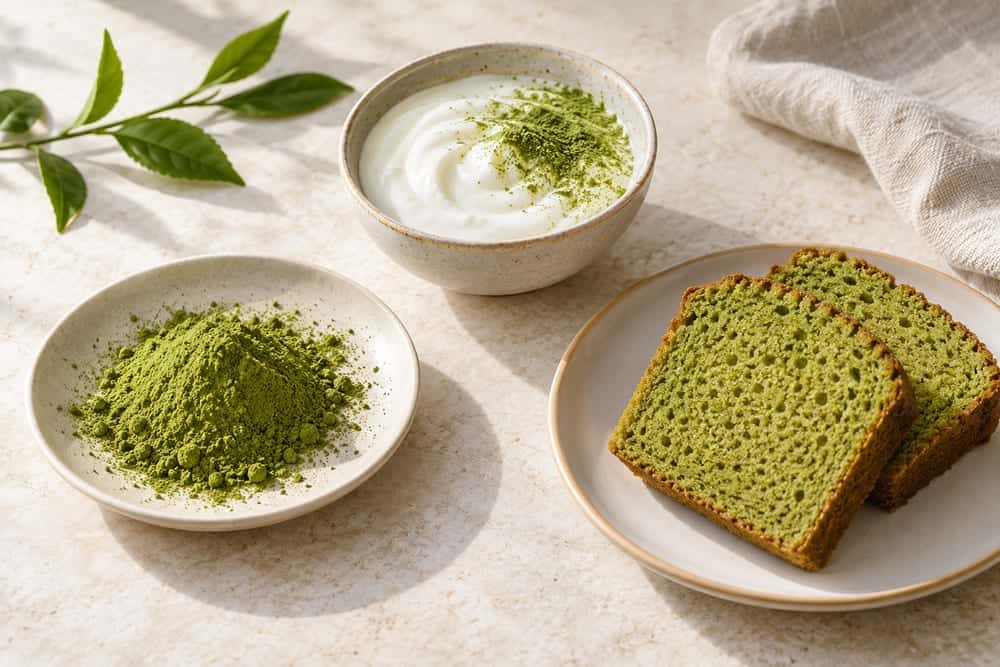 طبق من مسحوق الماتشا بجانب الزبادي وشرائح كعكة الشاي الأخضر