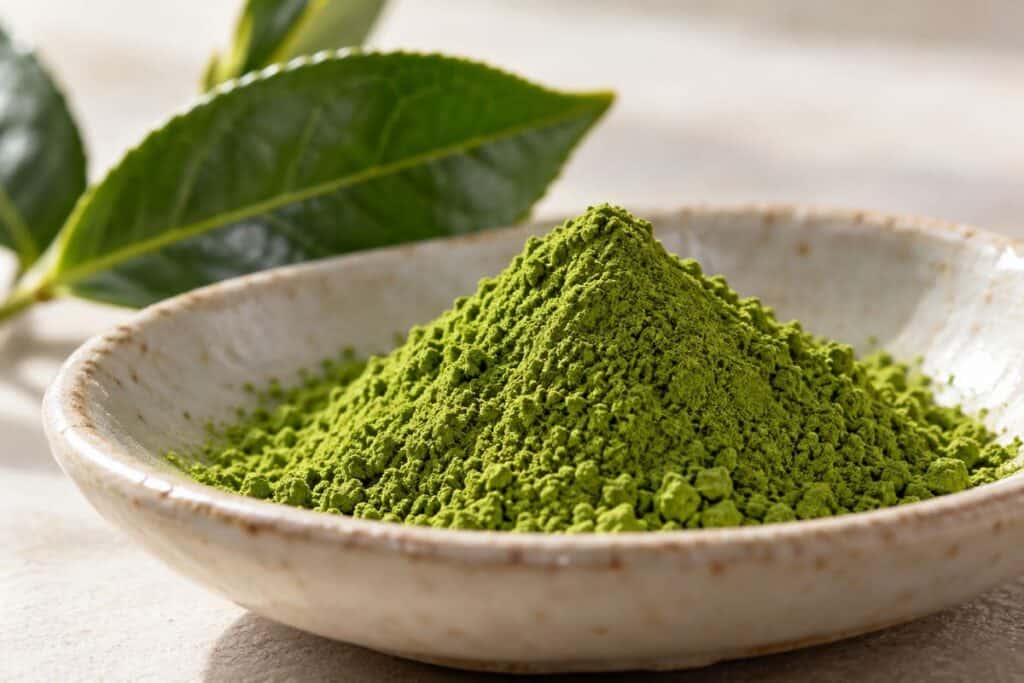 Fine green matcha powder in a pale ceramic dish with a tea leaf behind it