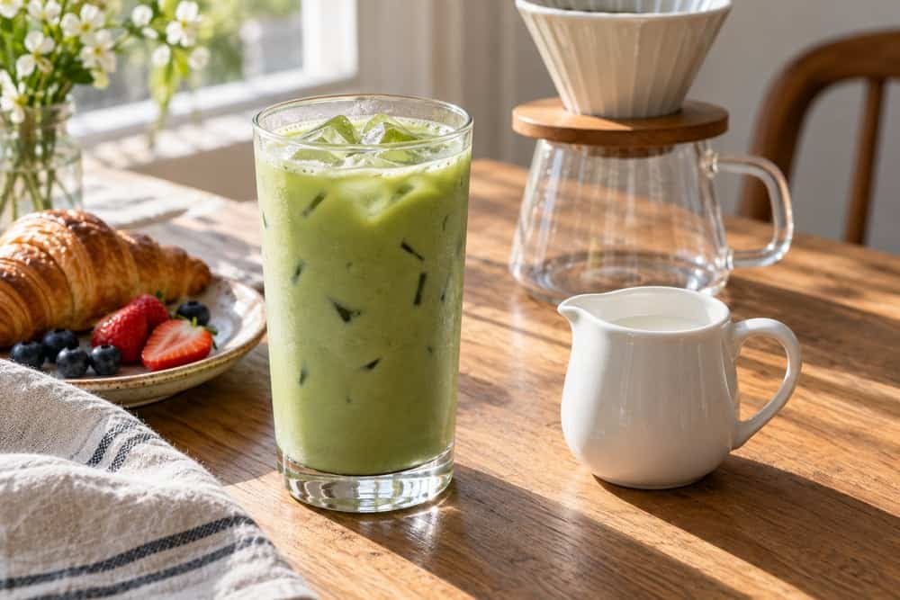 Matcha vs Coffee: Tea Identity, Flavor and Everyday Preparation 2 An iced matcha latte beside a milk pitcher with a coffee dripper behind
