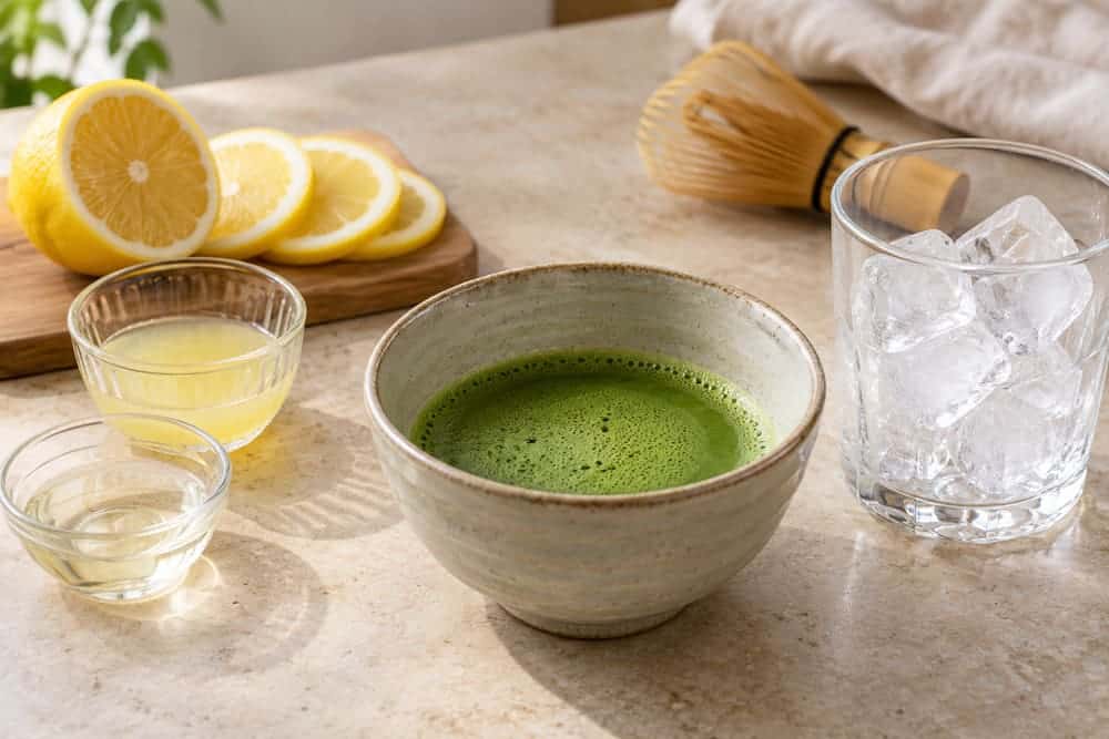 Matcha Lemonade With Fresh Lemon and a Cold Tea Base 1 Lemon juice, simple syrup and whisked matcha prepared separately
