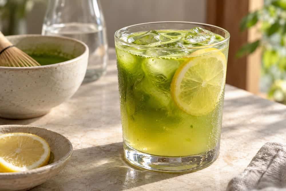 Matcha Lemonade With Fresh Lemon and a Cold Tea Base 2 Matcha lemonade gently mixed over ice