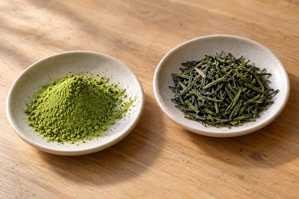 Fine green matcha powder and rolled green tea leaves in separate ceramic dishes