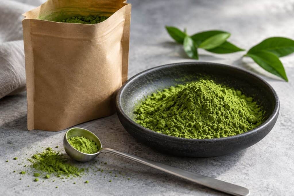 Does Matcha Contain Lead? Heavy Metals, Test Reports and Serving Size 5 مسحوق ماتشا أخضر في طبق فحمي بجانب كيس بسيط مفتوح ومغرفة معدنية