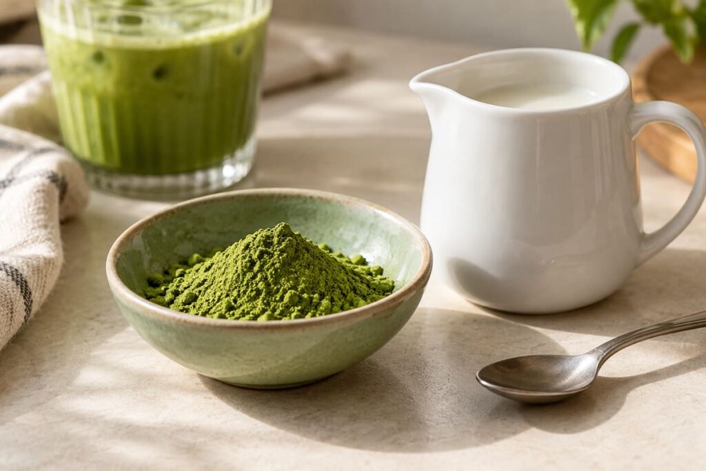 Is Matcha Low FODMAP? Powder, Portions and Latte Ingredients 8 A dish of matcha powder beside a white milk jug and a plain teaspoon