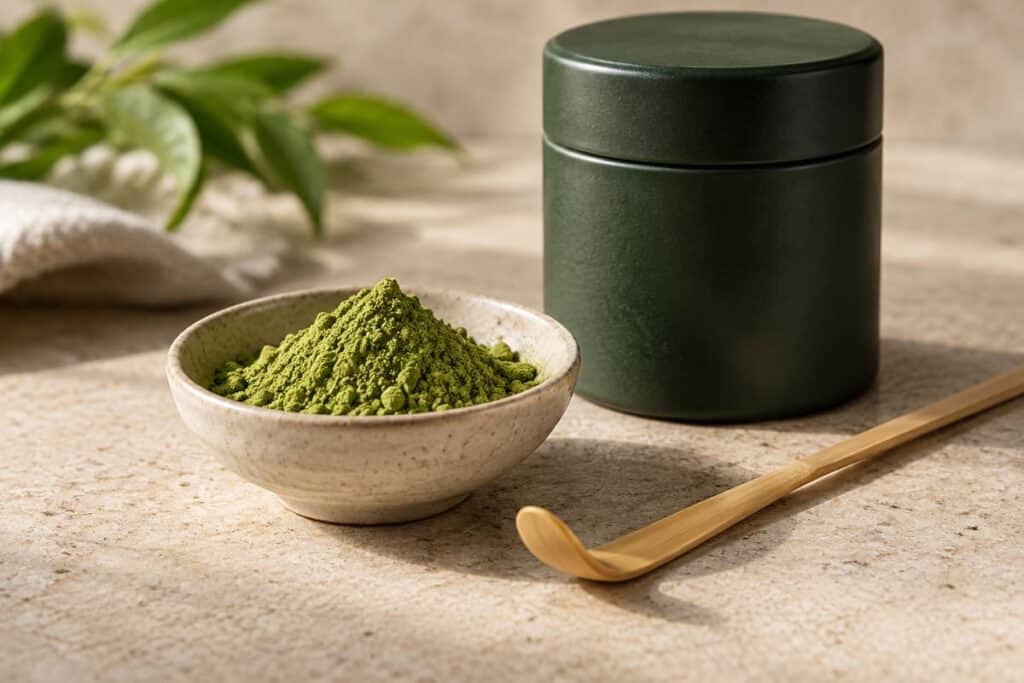 Can Kids Drink Matcha? Caffeine Questions for Children and Teens 6 مسحوق ماتشا في طبق صغير بجانب علبة شاي عادية مغلقة ومغرفة خيزران
