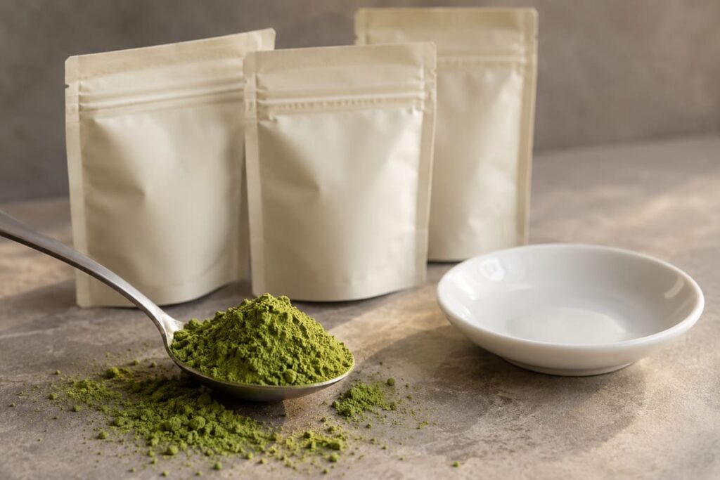 Bulk Matcha RFQ Template: Get Comparable Supplier Quotes 3 A metal spoon of matcha powder beside three plain sample pouches and a white dish