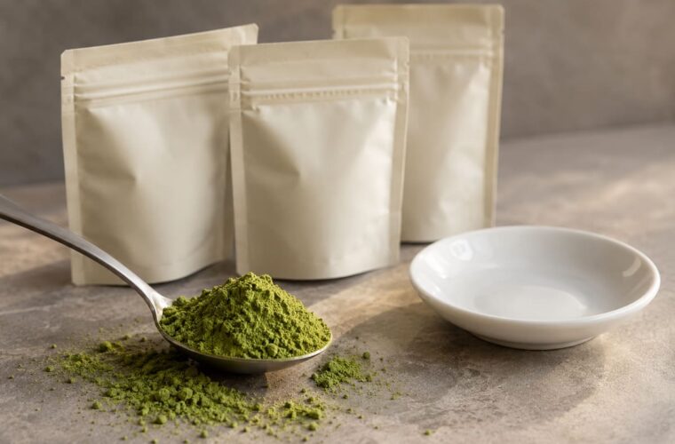 A metal spoon of matcha powder beside three plain sample pouches and a white dish