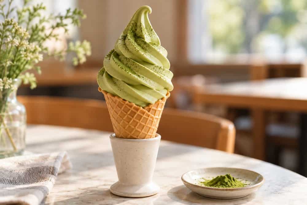 Why Is Matcha Popular? Café Culture, Trends and Matcha Day 2 Pale green soft-serve in a waffle cone held by a ceramic stand