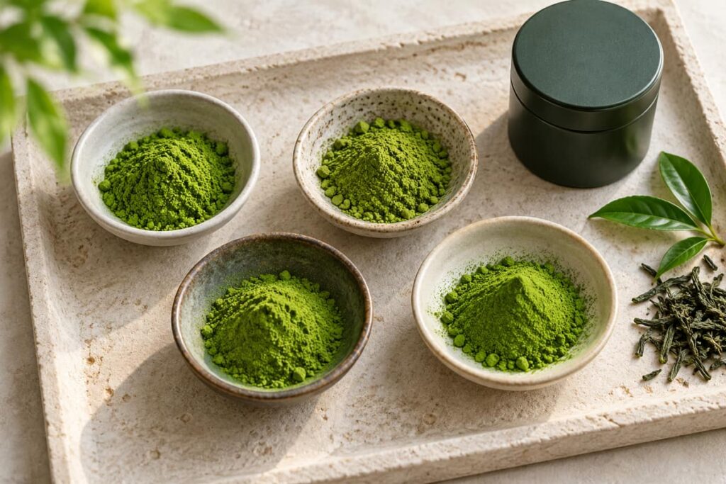 Top Matcha Manufacturers and Suppliers in China: 2026 Buyer’s Guide 4 Four ceramic dishes of green matcha powder beside a closed plain tea tin
