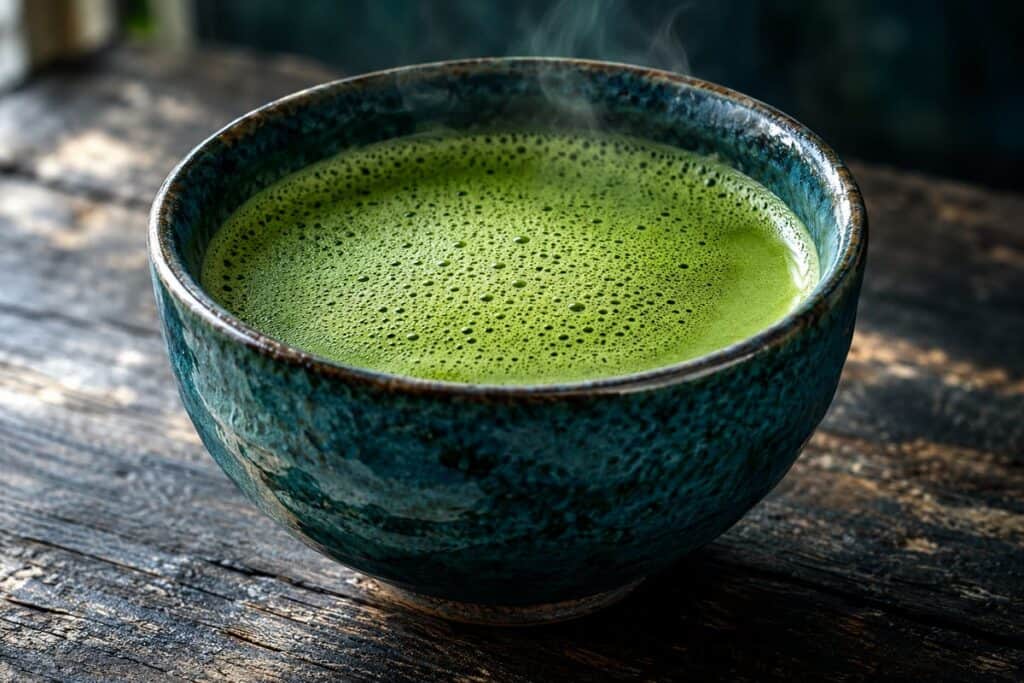 What Does Matcha Taste Like? Sweetness, Bitterness and Umami 6 ماتشا مخفوقة برغوة ناعمة في وعاء خزفي أخضر مزرق داكن