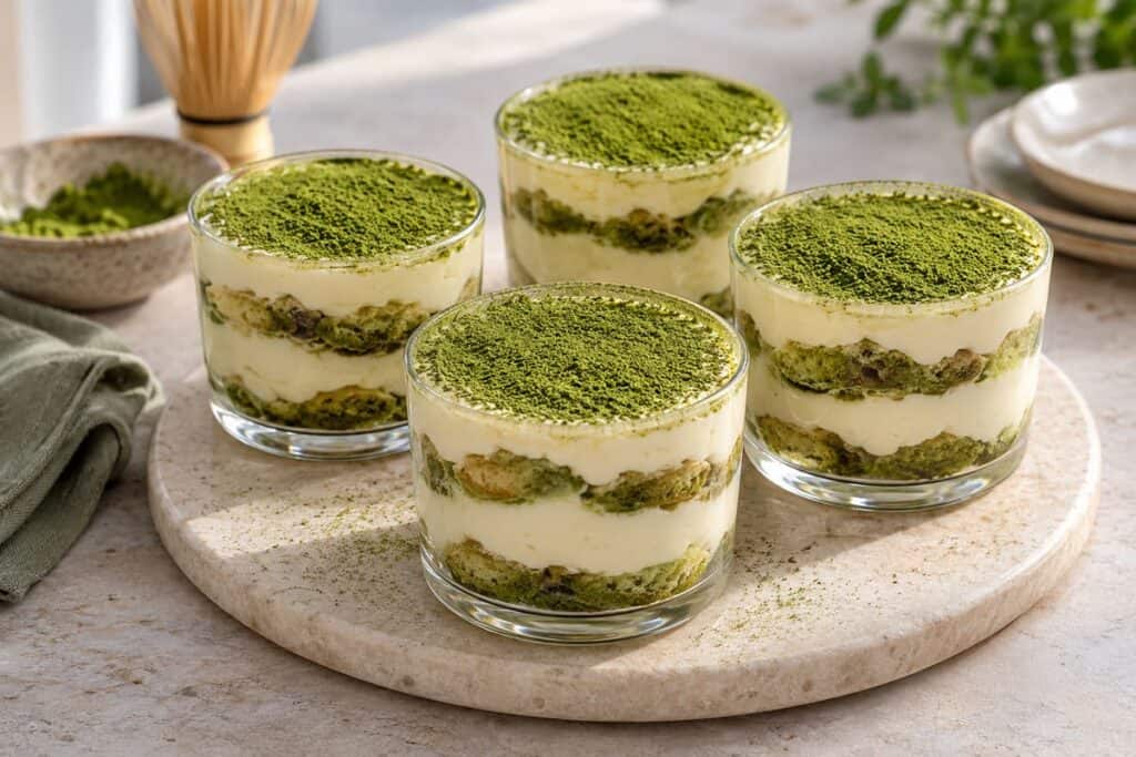 أربعة أكواب من تيراميسو الماتشا مع الكريمة وأصابع السيدة المنقوعة