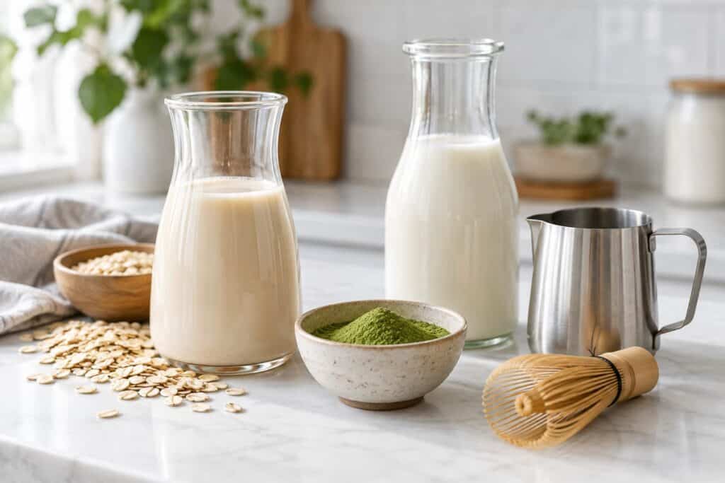 هل الماتشا نباتية وخالية من الألبان؟ تحقق من المنتج بأكمله 3 مسحوق ماتشا بجانب أباريق منفصلة من مشروب الشوفان وحليب الألبان