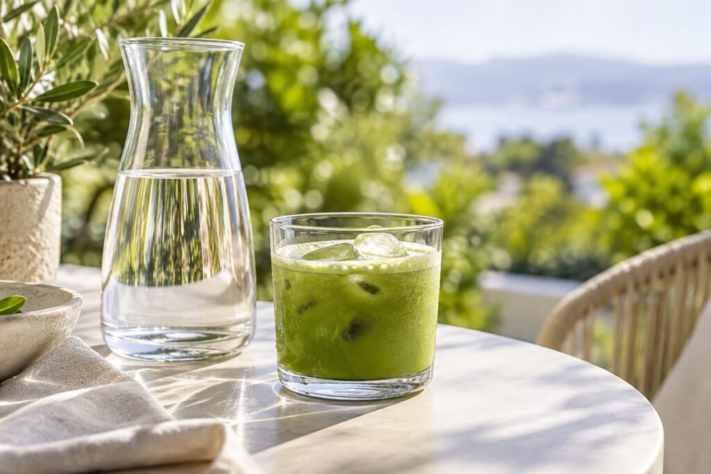 Is Matcha a Diuretic? Caffeine and Hydration 6 A carafe of water and an iced matcha drink on a sunlit outdoor table