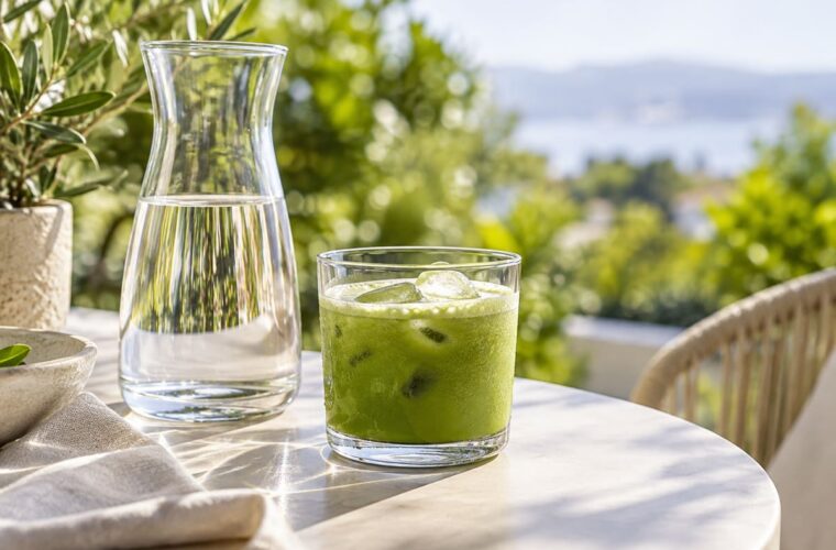 A carafe of water and an iced matcha drink on a sunlit outdoor table