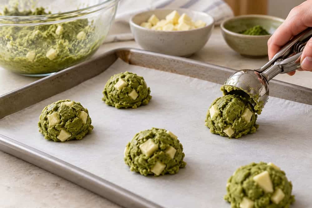 Matcha Cookies With White Chocolate Chips 1 Scoops of matcha cookie dough on a baking tray