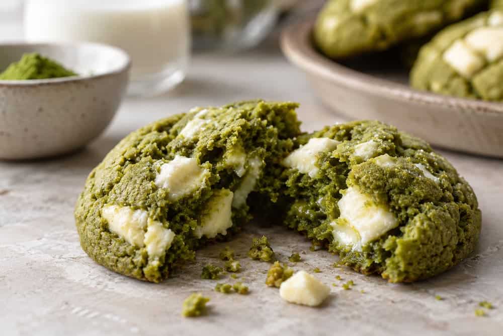 Matcha Cookies With White Chocolate Chips 2 A broken matcha cookie with white chocolate pieces