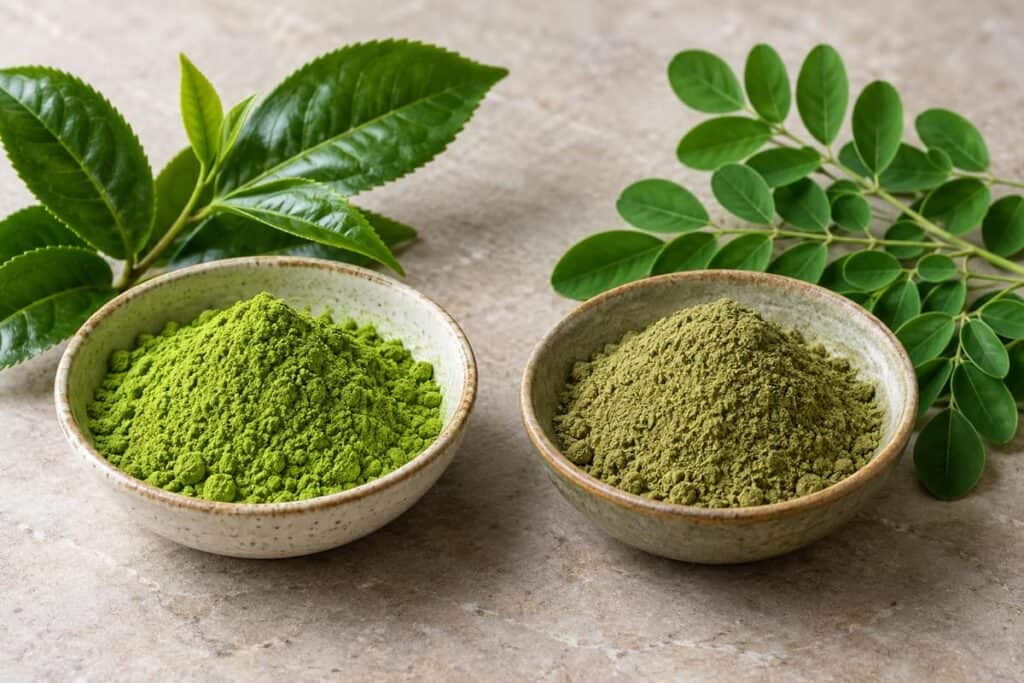 Matcha and moringa powders with their different leaf shapes behind them